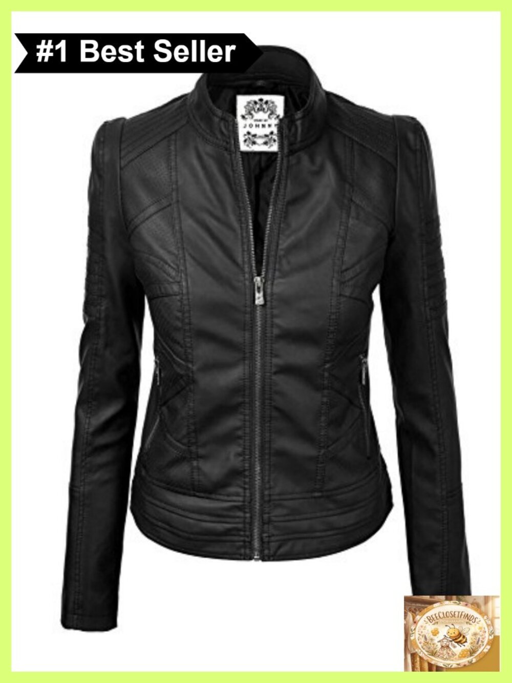 Faux Leather Zip Up Moto Biker Jacket With Stitching Detail